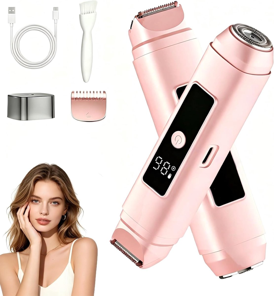 SnelShoppen - Mini-bikini voor dames, elektrisch, IPX7 waterdicht, oplaadbaar, LED-display, eenvoudig reinigen, voor gezicht, benen en bikinizone, roz