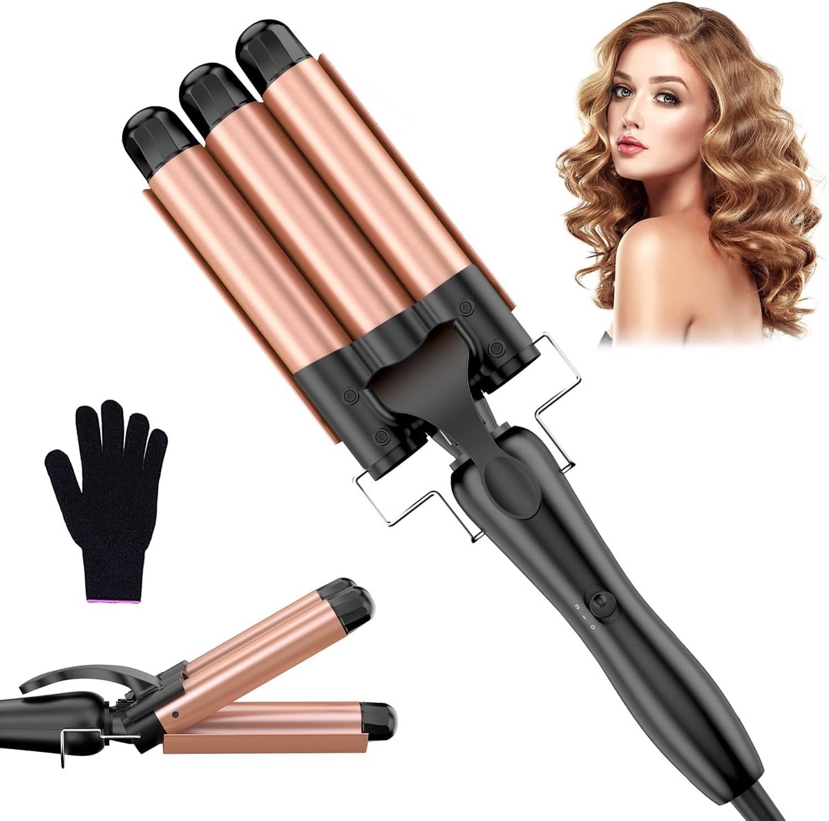 SnelShoppen - Lockenstab 3 FäSser Beach Waves Welleneisen 25mm Keramisch met Temperatuurinstelling en Handschoen, Roségoud voor Perfecte Krullen en Go