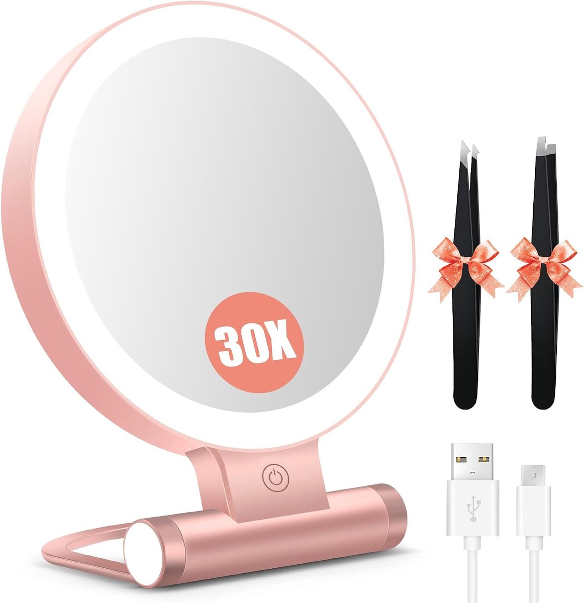 Thijox - Make-upspiegel met verlichting, dubbelzijdig, 1X/30x vergroting, 2000 mAh, 3 kleuren licht, instelbare helderheid, opvouwbaar, compact voor r