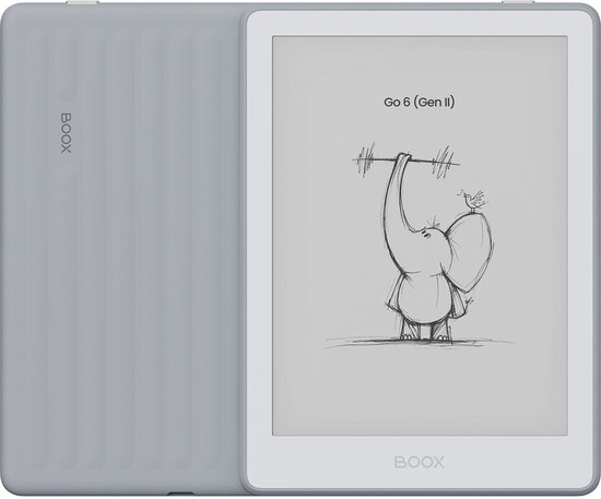 Grijze BOOX e-reader met een schets van een olifant met halters op het scherm.