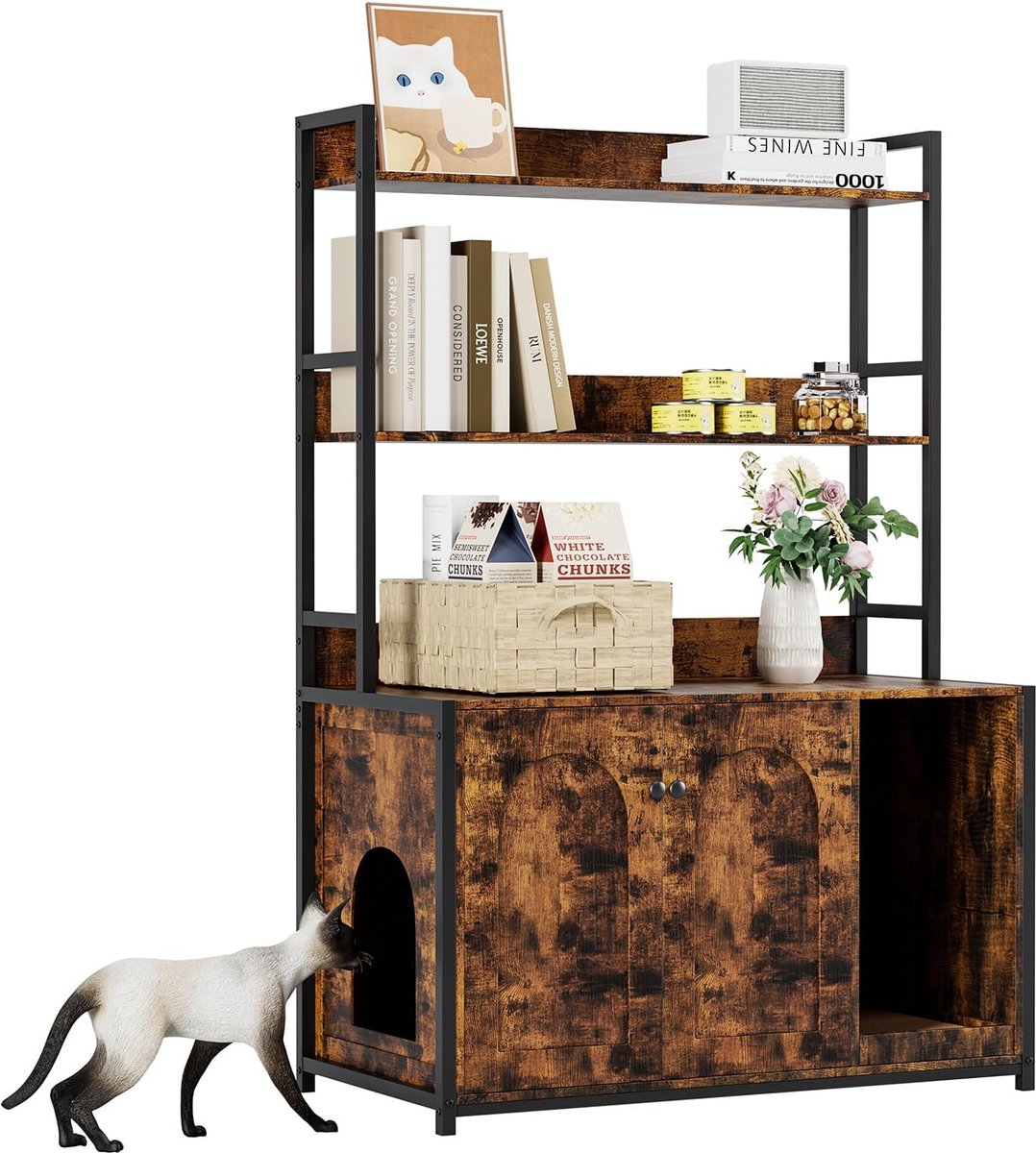 Danky - Cat Washroom - Kattenbakmeubel - 90x45x132cm - Verborgen Kattenbak - 2 Opbergplanken - Bruin