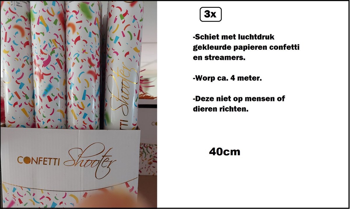 3x Party shooter papier multi 40 cm - PAPIER - shooter confetti carnaval thema feest festival apres ski party