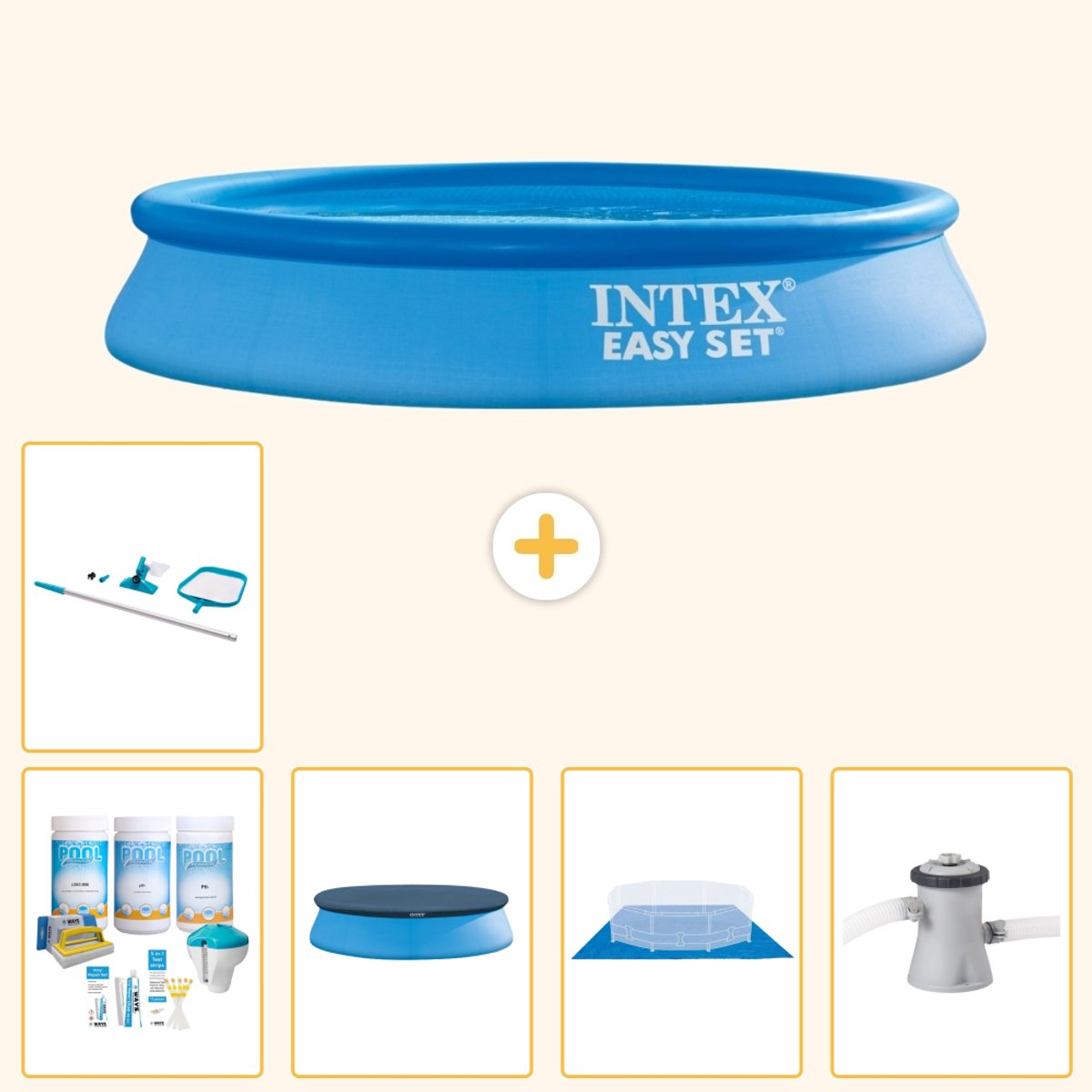 Intex Rond Opblaasbaar Easy Set Zwembad - 305 x 61 cm - Blauw - Inclusief Onderhoudspakket - Afdekzeil - Grondzeil - Zwembadfilterpomp - Schoonmaakset - 6-delig