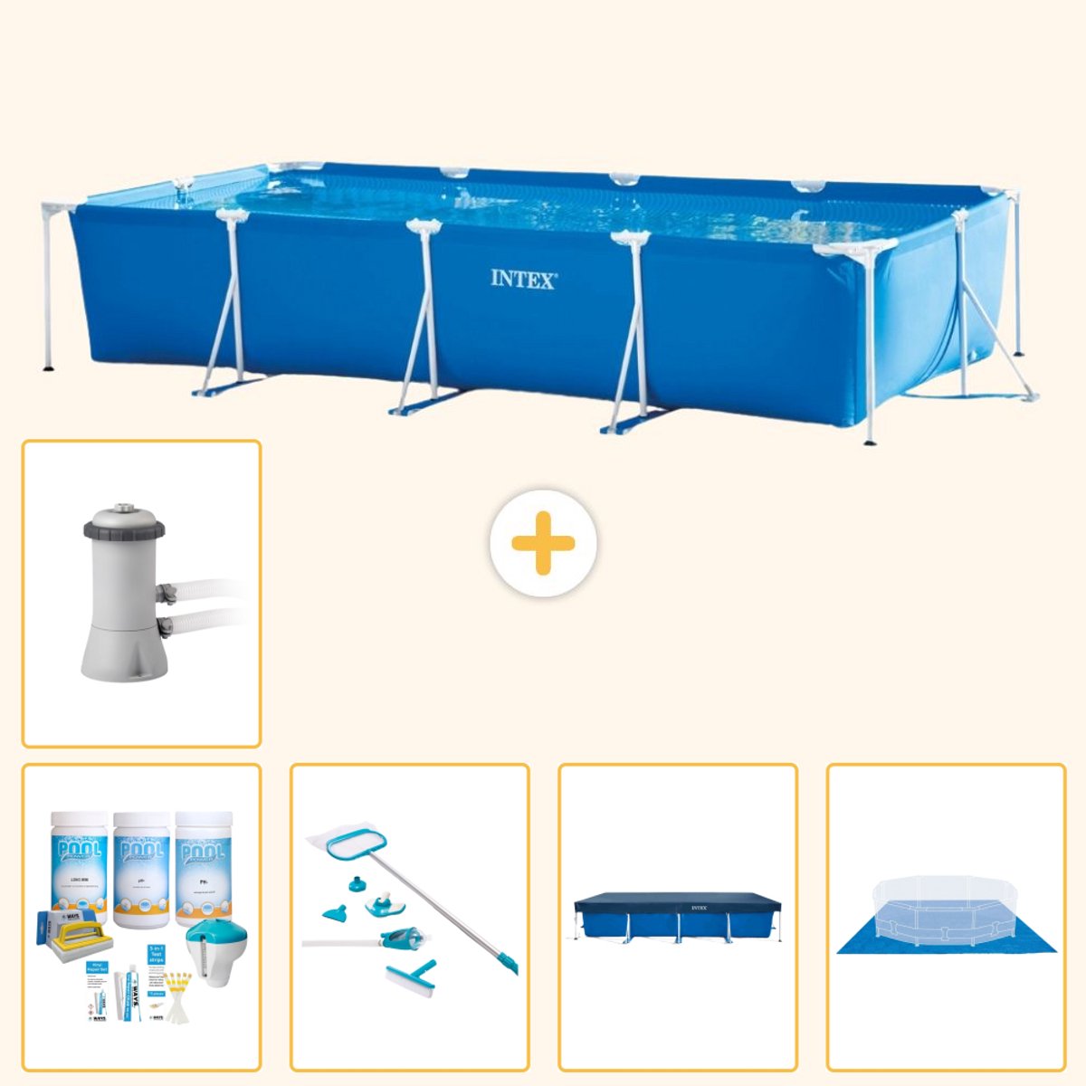 Intex Rechthoekig Frame Zwembad - 450 x 220 x 84 cm - Blauw - Inclusief Onderhoudspakket - Schoonmaakset - Afdekzeil - Grondzeil - Zwembadfilterpomp - 6-delig