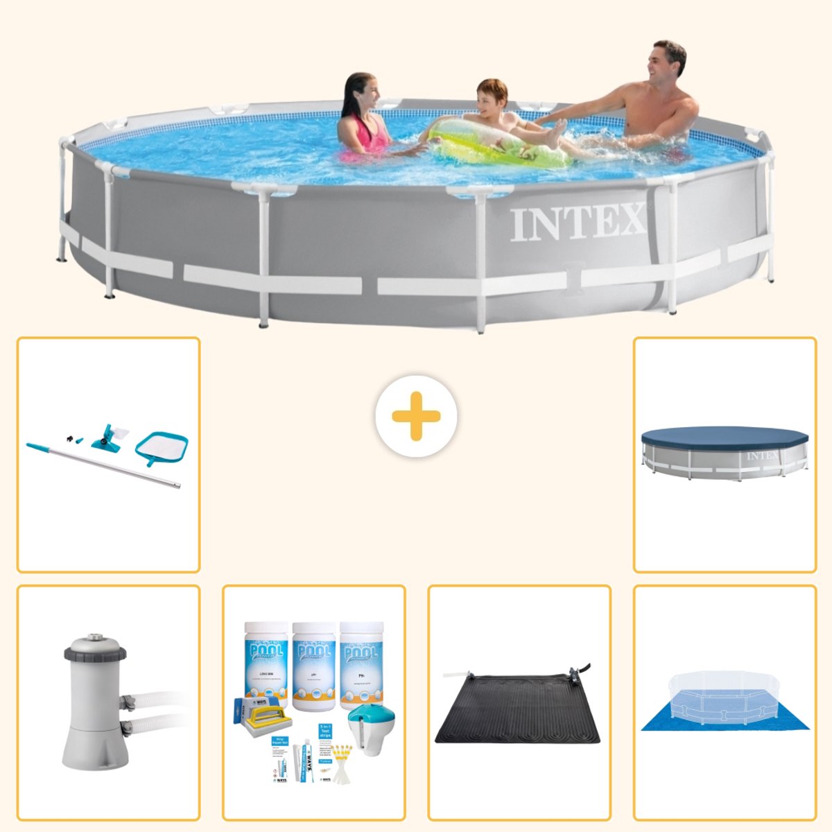 Intex Rond Prism Frame Zwembad - 366 x 76 cm - Grijs - Inclusief Pomp - Onderhoudspakket - Solar Mat - Grondzeil - Schoonmaakset - Afdekzeil - 7-delig