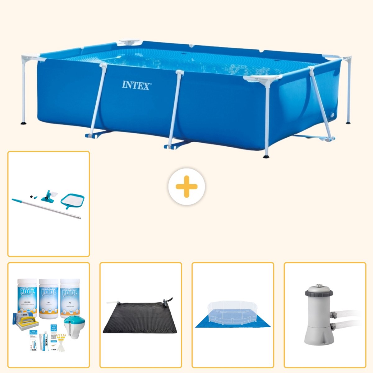 Intex Rechthoekig Frame Zwembad - 300 x 200 x 75 cm - Blauw - Inclusief Onderhoudspakket - Solar Mat - Grondzeil - Zwembadfilterpomp - Schoonmaakset - 6-delig