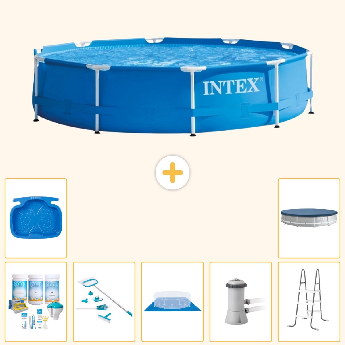 Intex Rond Frame Zwembad - 366 x 76 cm - Blauw - Inclusief Onderhoudspakket - Schoonmaakset - Grondzeil - Zwembadfilterpomp - Voetenbad - Ladder - Afdekzeil - 8-delig