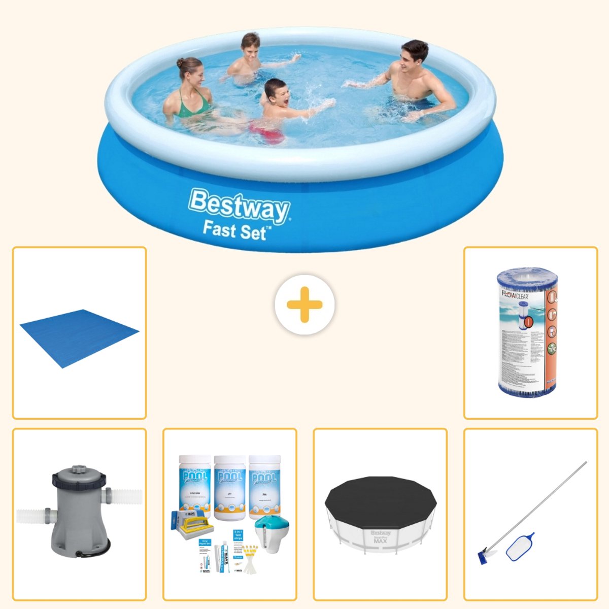 Bestway Rond Opblaasbaar Fast Set Zwembad - 366 x 76 cm - Blauw - Inclusief Pomp - Onderhoudspakket - Afdekzeil - Schoonmaakset - Grondzeil - Filter - 7-delig
