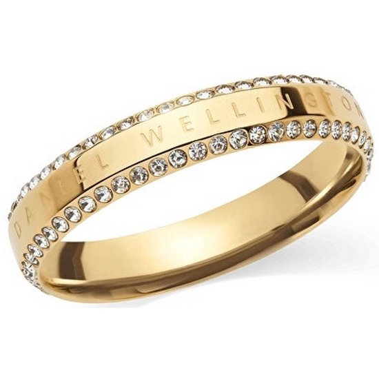 Bague dorée avec logo DANIEL WELLINGTON et zircons sur les côtés.