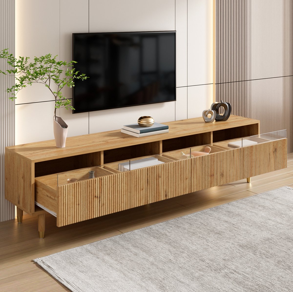 COVREO TV-meubel 178 x 35 x 45 cm - houtlook, 4 lades, kabeldoorvoer, MDF en acryl houtkleur