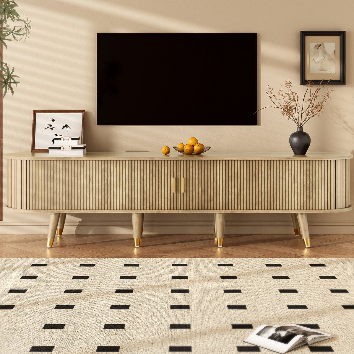 COVREO TV meubel 175 x 38 x 45 cm - schuifdeur, open vakken, lade, eikenkleur