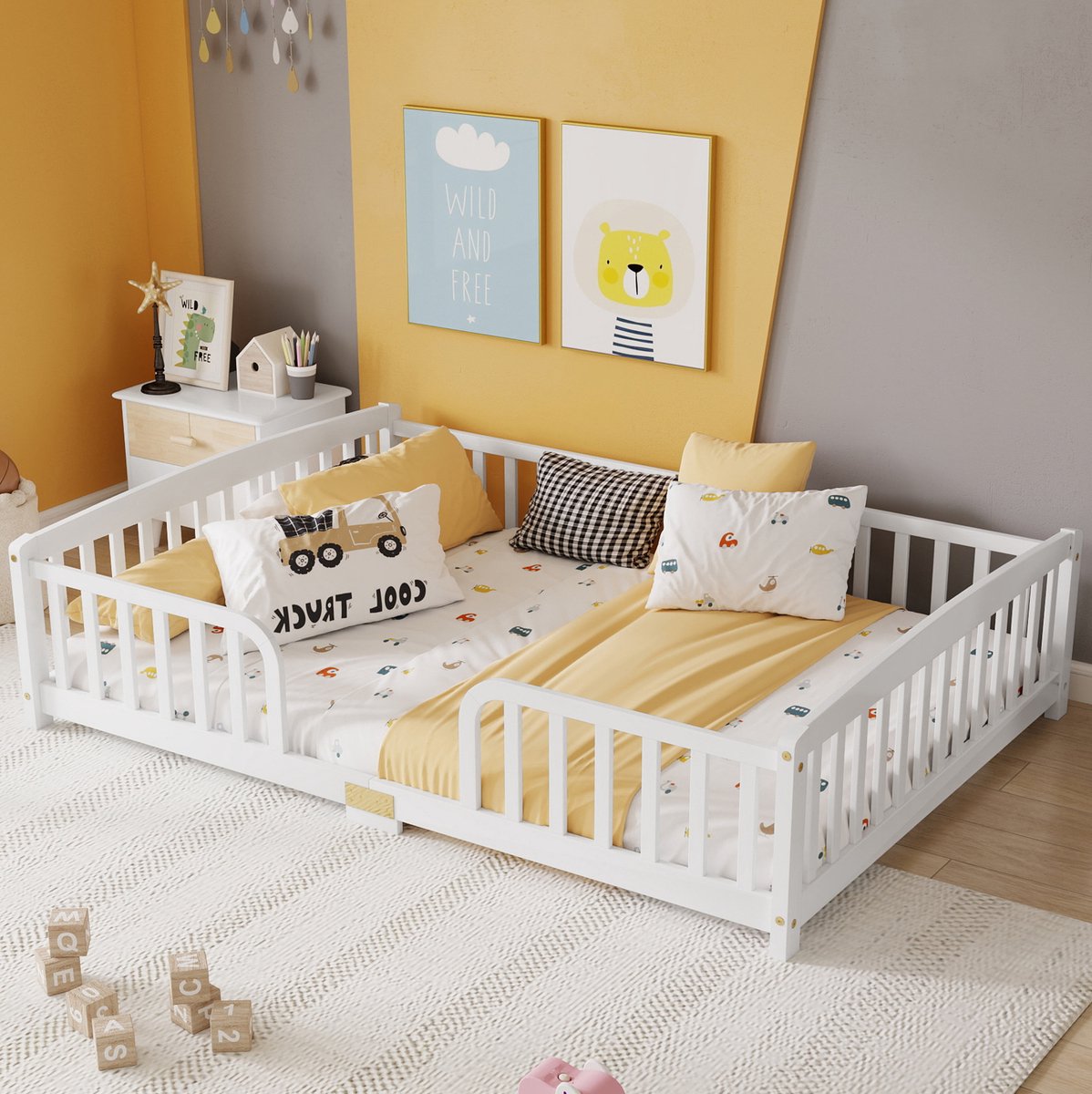 OKWISH Kinderbodembed 140x200 cm - Met Veiligheidshekken en Centrale Instap - Laag Vloerbed - Zonder Matras - Grenenhout - Wit