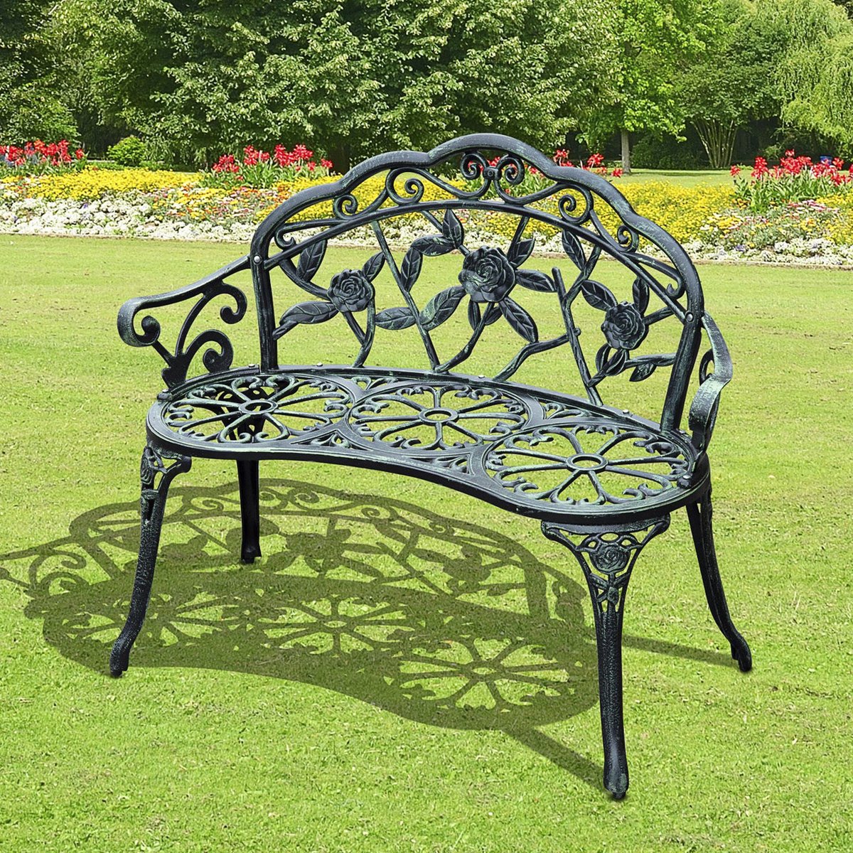STILVORA Tuinbank 100 x 54 x 78 cm - 2-Zits Met Antiek Bloemenpatroon - Voor Tuin, Balkon En Terras - Aluminium En Gietijzer - Antiek Groen
