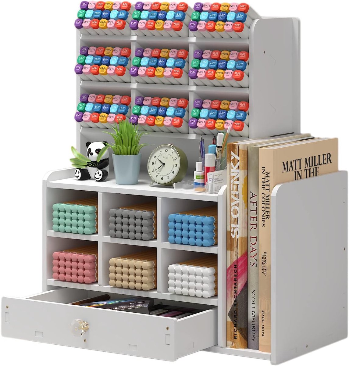 Thijox - Penhouder voor Bureau, Multifunctionele Bureau-Organizer met 15 Schuine Vakken en Lade, Roze, Perfect voor Kantoor, Thuis, en School
