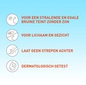 Iconen met tekst: stralende bruine teint zonder zon, voor lichaam en gezicht, laat geen strepen achter, dermatologisch getest.