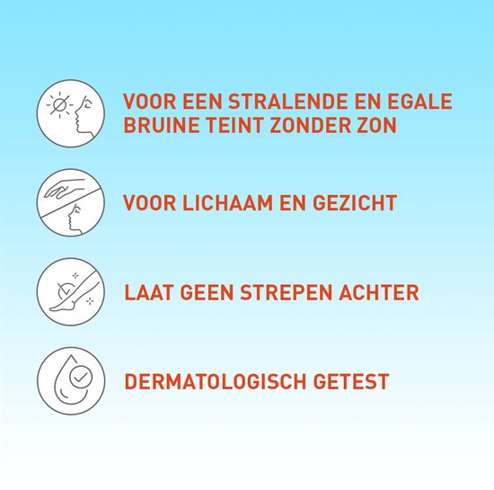 Iconen met tekst: stralende bruine teint zonder zon, voor lichaam en gezicht, laat geen strepen achter, dermatologisch getest.