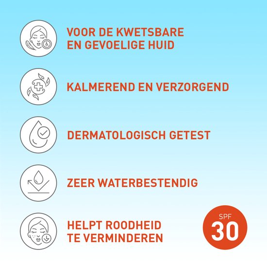 Vision zonnebrand: voor de kwetsbare huid, kalmerend, dermatologisch getest, waterbestendig, vermindert roodheid, SPF 30.