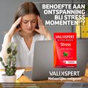 Vrouw zit gestrest aan bureau, met product Valdispert Stress Moments, 'Ontspanning bij stressmomenten'.