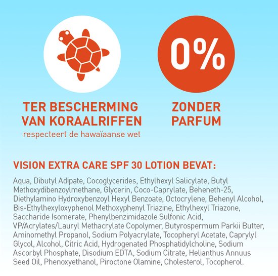 Vision Extra Care SPF 30 lotion: beschermt koraalriffen, zonder parfum. Bevat ingrediëntenlijst.