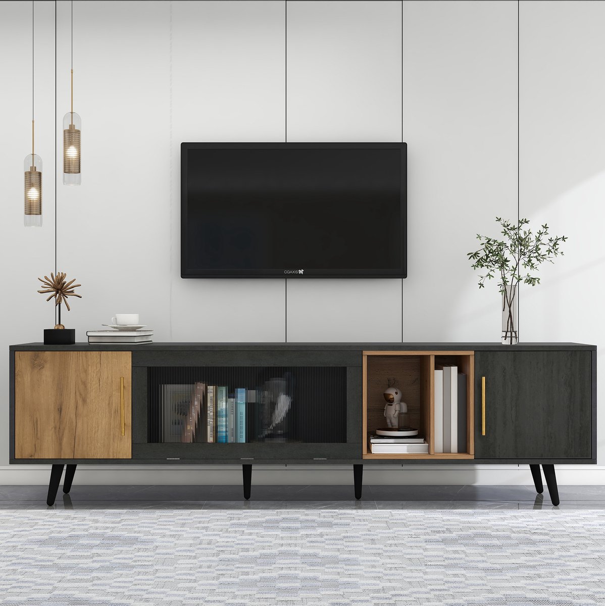 COVREO TV meubel 200 x 40 x 55,5 cm - MDF, grijs met houtnerf, opbergruimte