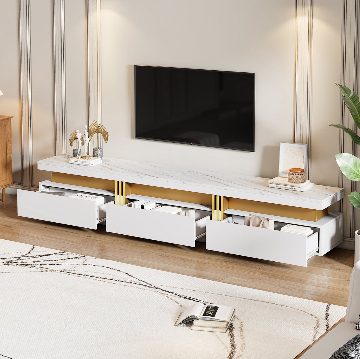 COVREO TV meubel 200 x 40 x 42 cm - wit lowboard met 3 lades, marmereffect en kabelmanagement