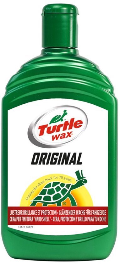 Groene fles Turtle Wax Original autowax met de tekst "ORIGINAL" en een schildpadlogo. "Lustreur brillance et protection".