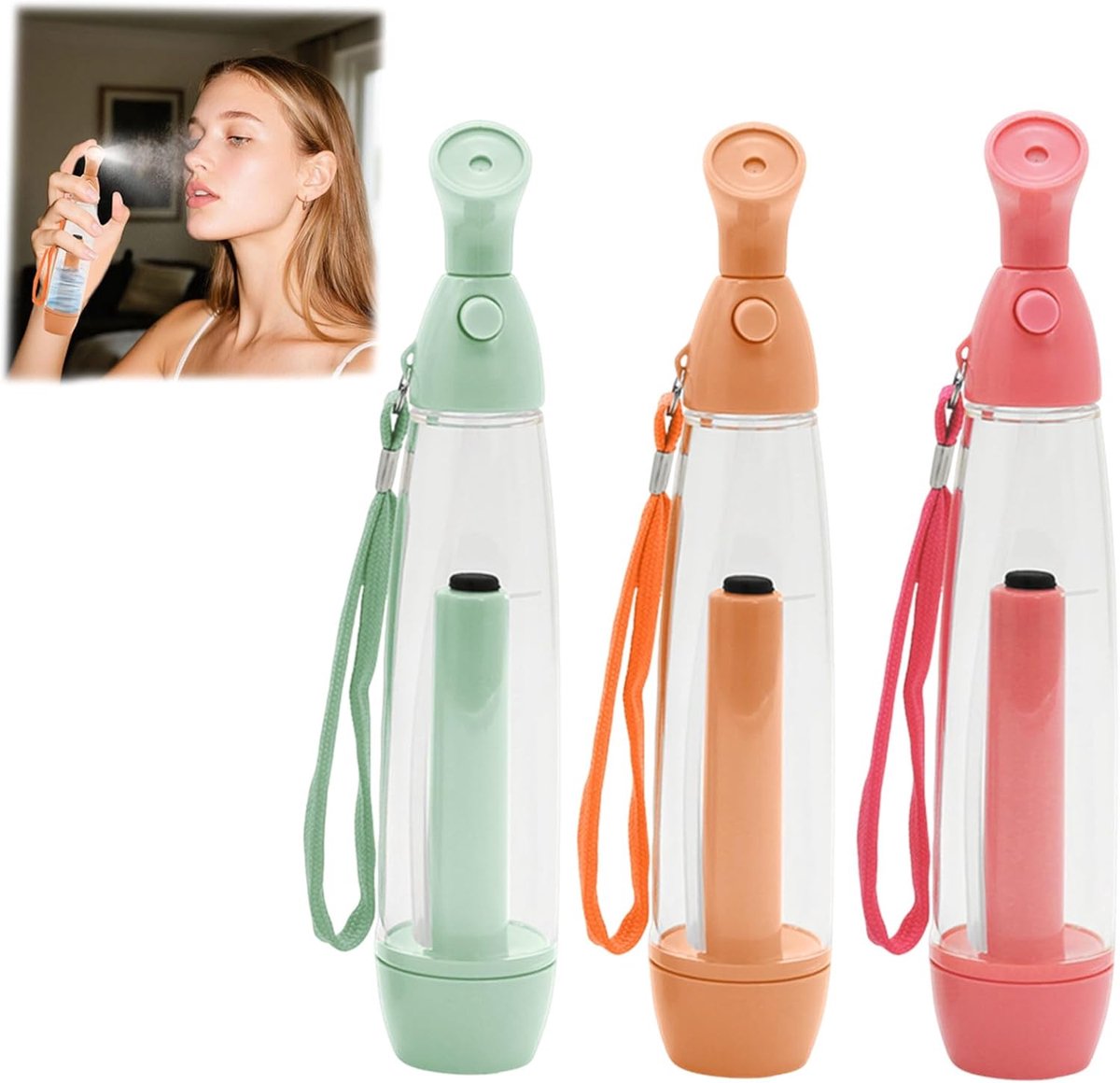 Set van 3 handmatige sprays - 22 × 4,5 cm - Lichtgewicht en draagbaar - Hydratatieapparaat met druk - Geschikt voor het verkoelen en hydrateren van gezicht en lichaam - Oranje, roze, lichtgroen
