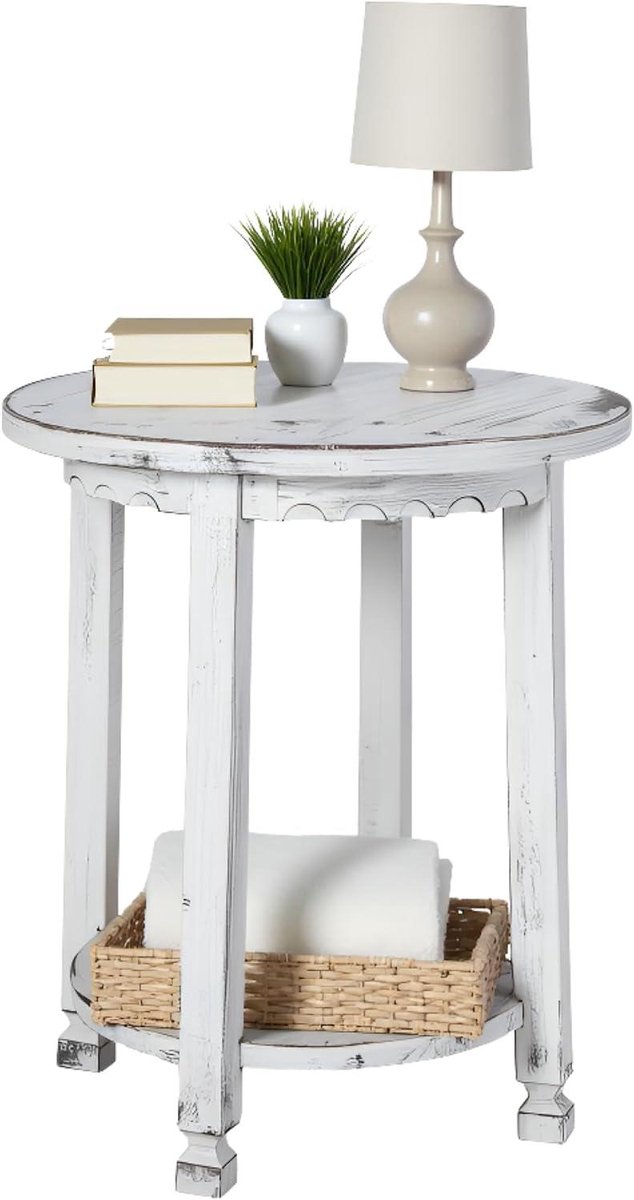 Eindtafel Hout - Bijzettafel Rond - Woonkamer Decoratie - Gedistilleerde Afwerking - 50.8 x 50.8 x 60.96 cm - Wit Antiek