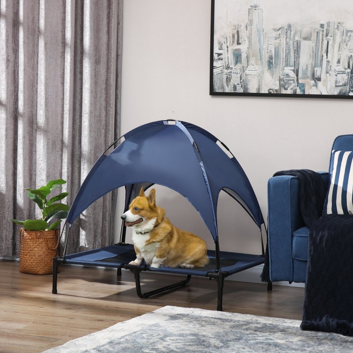 MIVRAY Stretcher Voor Dieren – Verhoogd En Opvouwbaar – 92 x 76 x 90 cm – Staal En Oxfordstof – Donkerblauw En Zwart – Outdoor Rustplek Met Baldakijn