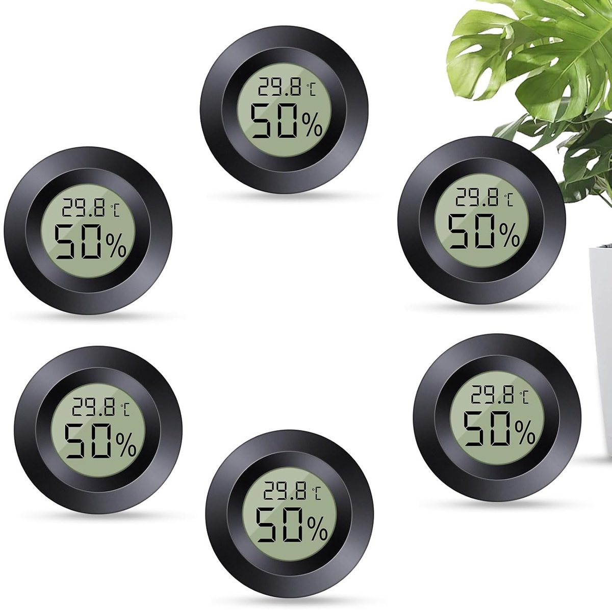 Mini Hygrometer Thermometer Digitaal, Verstelbaar in °C/°F, Hygrometer voor Binnen, Zwart, 6pcs, Vrijstaand, voor Thuis, School, Wijnkelder, Broeikas, Kelder, Magazijn (6, Rond)