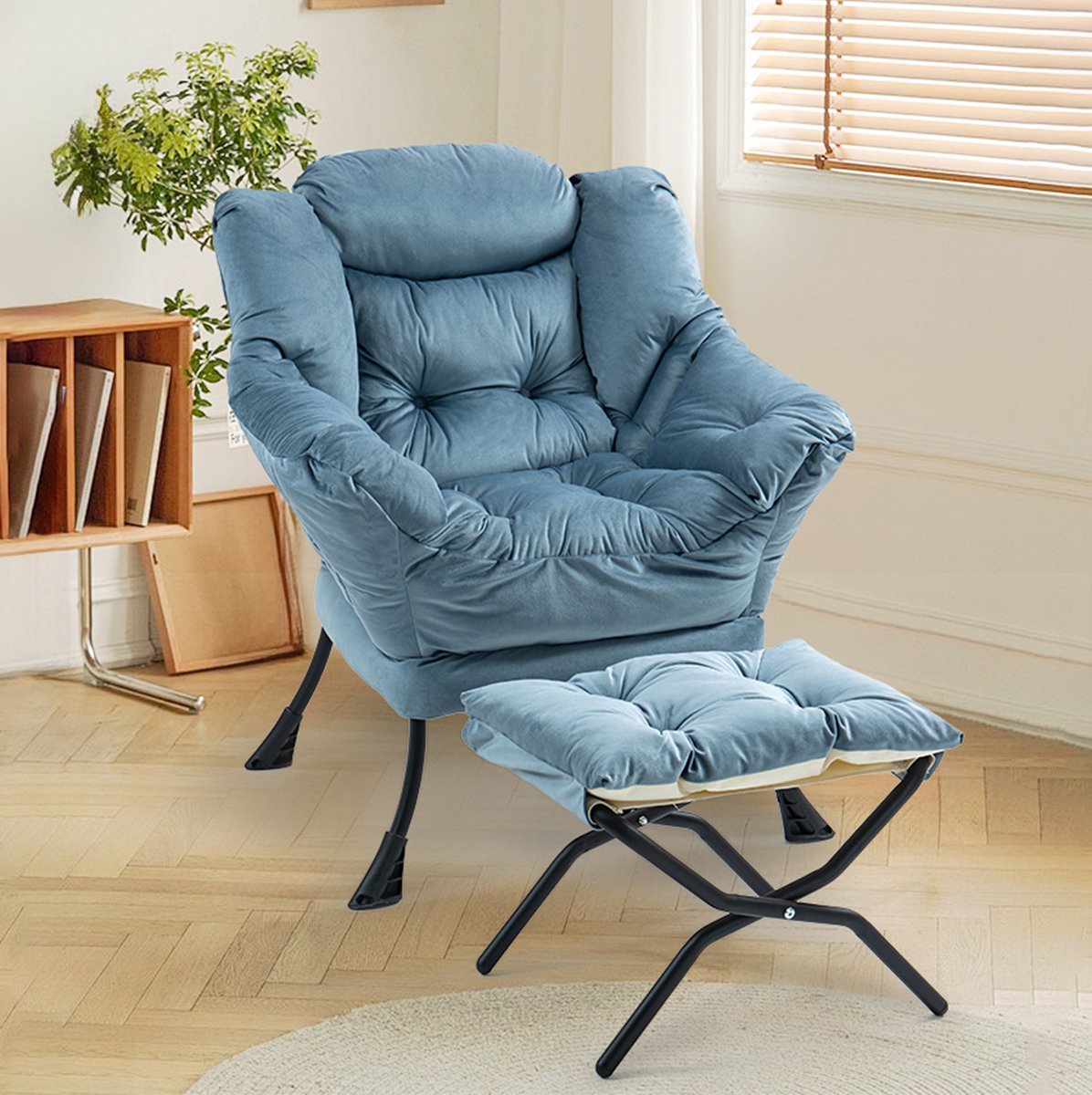 FloraGrace Fauteuil – 95 x 65 cm – Met Opvouwbare Voetensteun En Zijvak – Voor Woonkamer, Slaapkamer En Balkon – Metaal – Lichtblauw