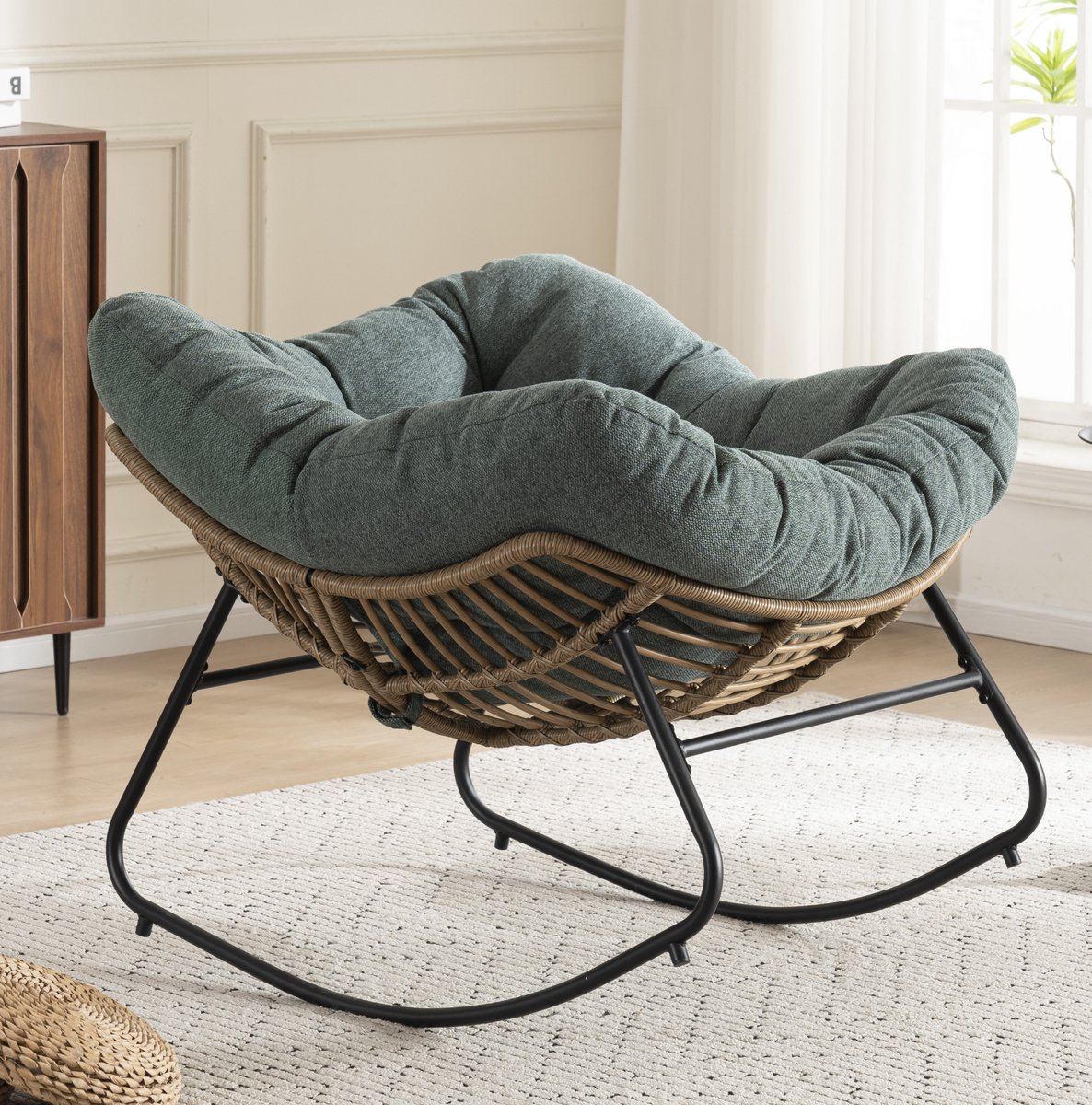 MIVRAY Schommelstoel 107 x 95 x 83 cm - Ergonomische Fauteuil Met Gewatteerde Zitting En Armleuningen - Voor Woonkamer En Tuin - Chenille Groen