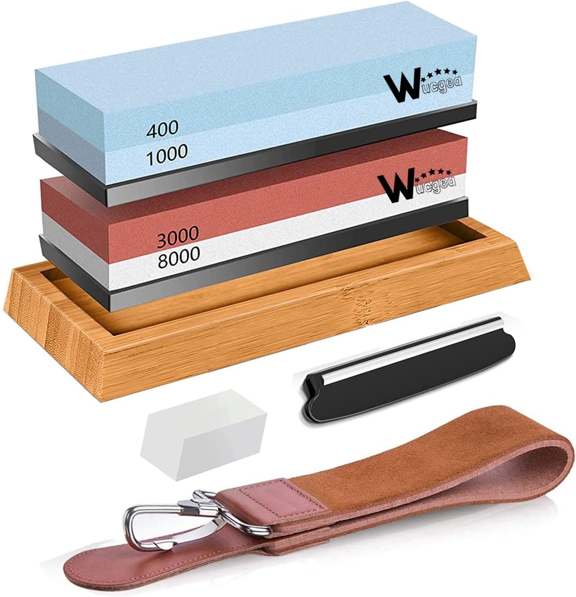 SnelShoppen - Professionele Slijpsteen Set 400/1000 en 3000/8000 met Bamboe Basis, Antislip, Vlakke Steen, Hoekgeleider en Leren Band voor Keuken en T