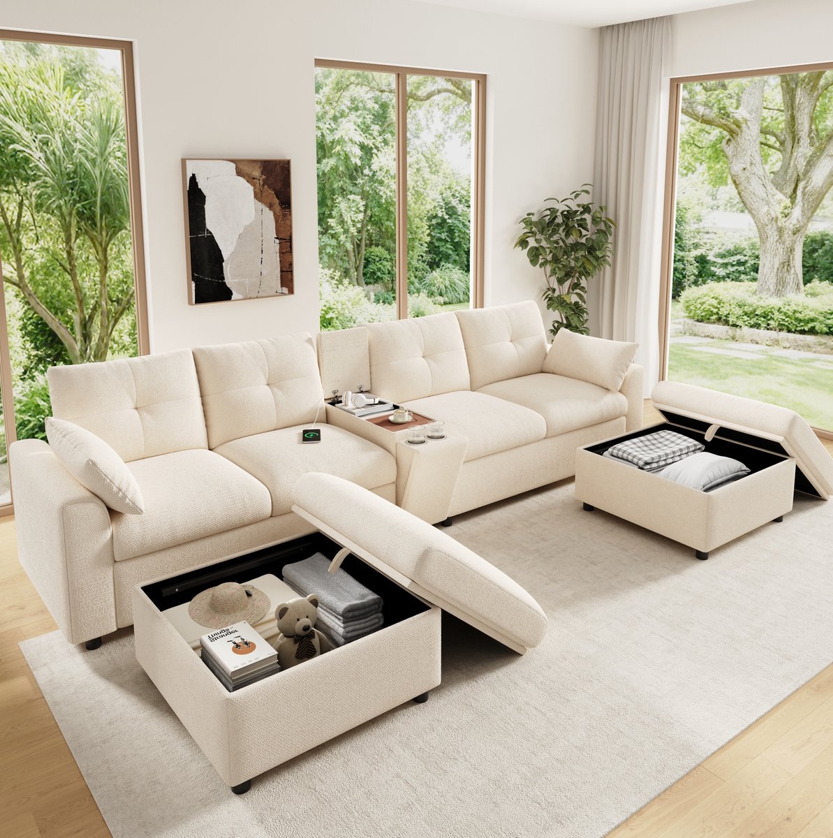 Wishdor - Hoekbank - Modulair 6-zits met opberghockers en middenconsole met USB en bekerhouders - modern voor woonkamer - chenille - beige - 316 x 140 x 84,5 cm