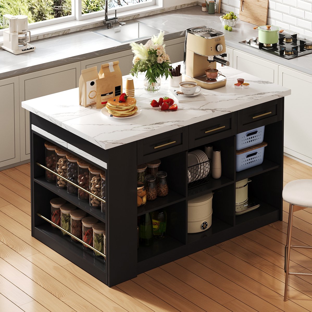 STILVORA Keukenkast - Uitklapbare Eettafel En Veel Opbergruimte - Modern Voor Familiekeuken - MDF - Zwart En Wit - 150 X 90 X 90 Cm
