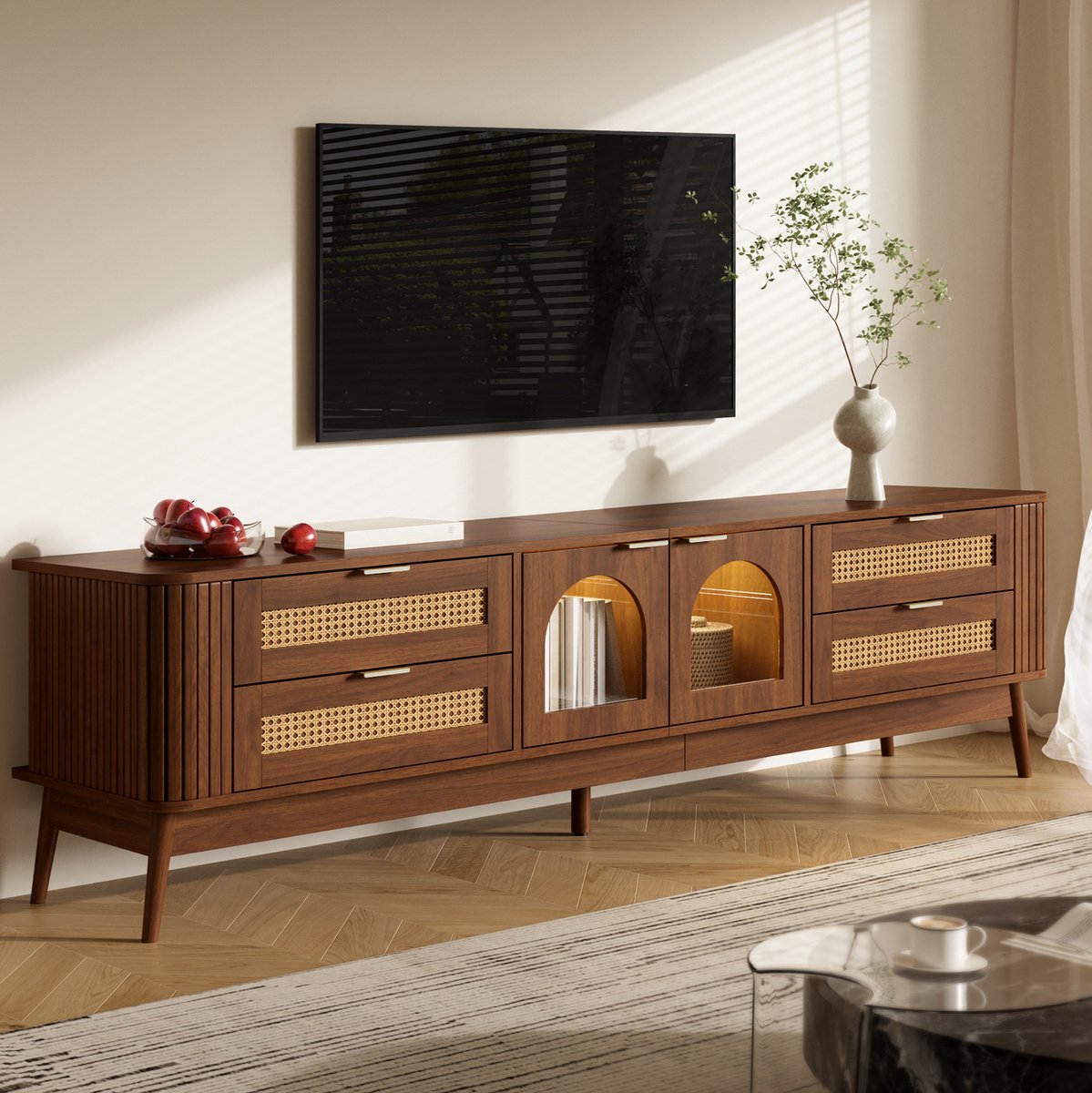 Wishdor - TV-meubel kast - 4 lades en 2 glasdeuren - met app-gestuurde LED-verlichting - v