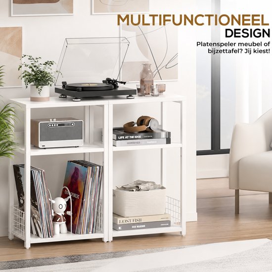 LP Opbergsysteem - Wit - Tot 100 Platen - Stevig Hout & Metaal - 65 x 40 x 30 cm (H x B x D) - Platenspeler Meubel - Platen Houder - Vinyl Kast / Tafel - Standaard - Platenrek - Platenhouder - Platenkast — afbeelding 2