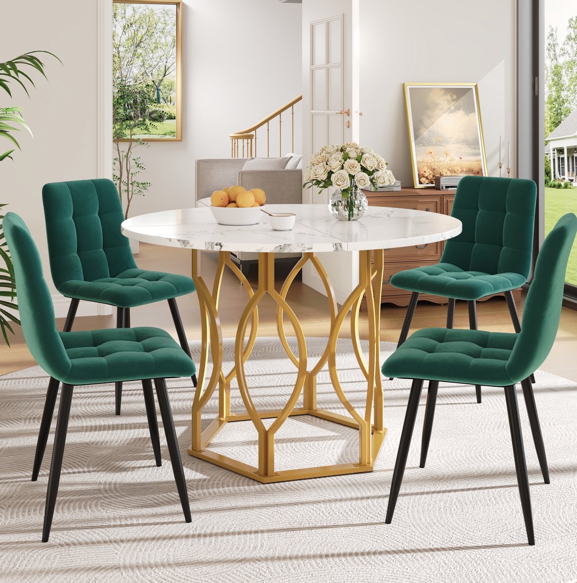 DESMIU Eettafelset 100 Cm - Ronde Eettafel Met 4 Stoelen En Verstelbare Voet - Voor Eetkamer En Keuken - Metaal En MDF - Meerkleurig