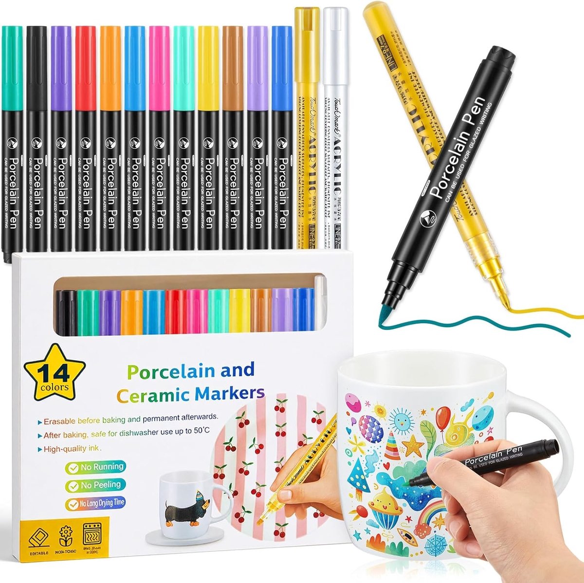 Porseleinmarkers Set - Vaatwasmachinebestendig - Inclusief Gouden en Zilveren Markers - Hittebestendig - Voor Keramiek, Glas en Steen