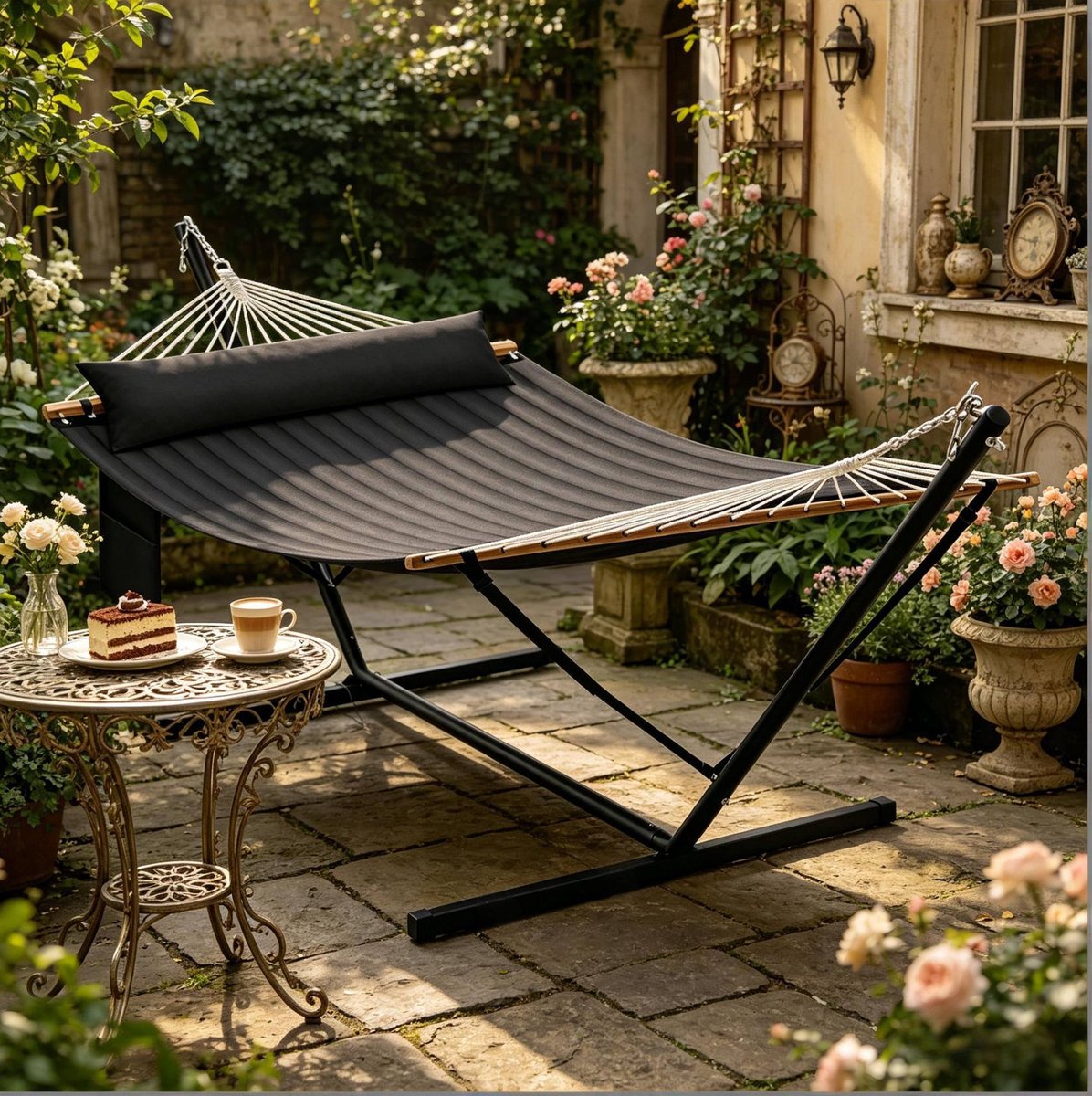 MIVRAY Hangmat 360 x 105 cm - Dubbele Hangmat Met Standaard En Kussen - Voor Tuin, Balkon En Camping - Metaal en Polyester - Antraciet
