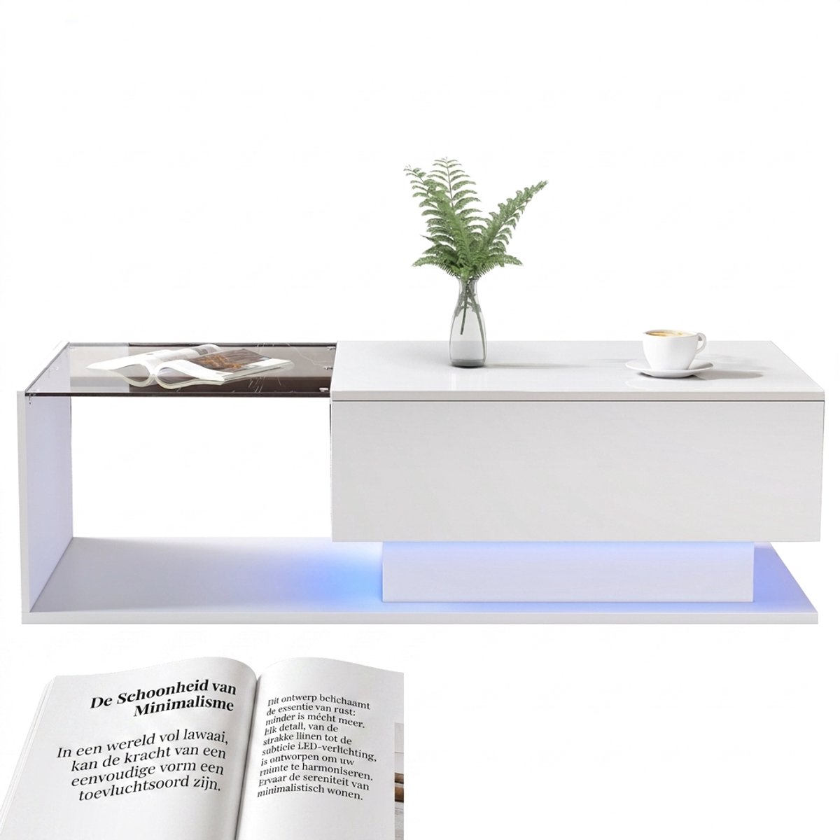 Vierkante salontafel wit – 70 x 70 x 36 cm – Bluetooth-ledverlichting – Draagvermogen 45 kg