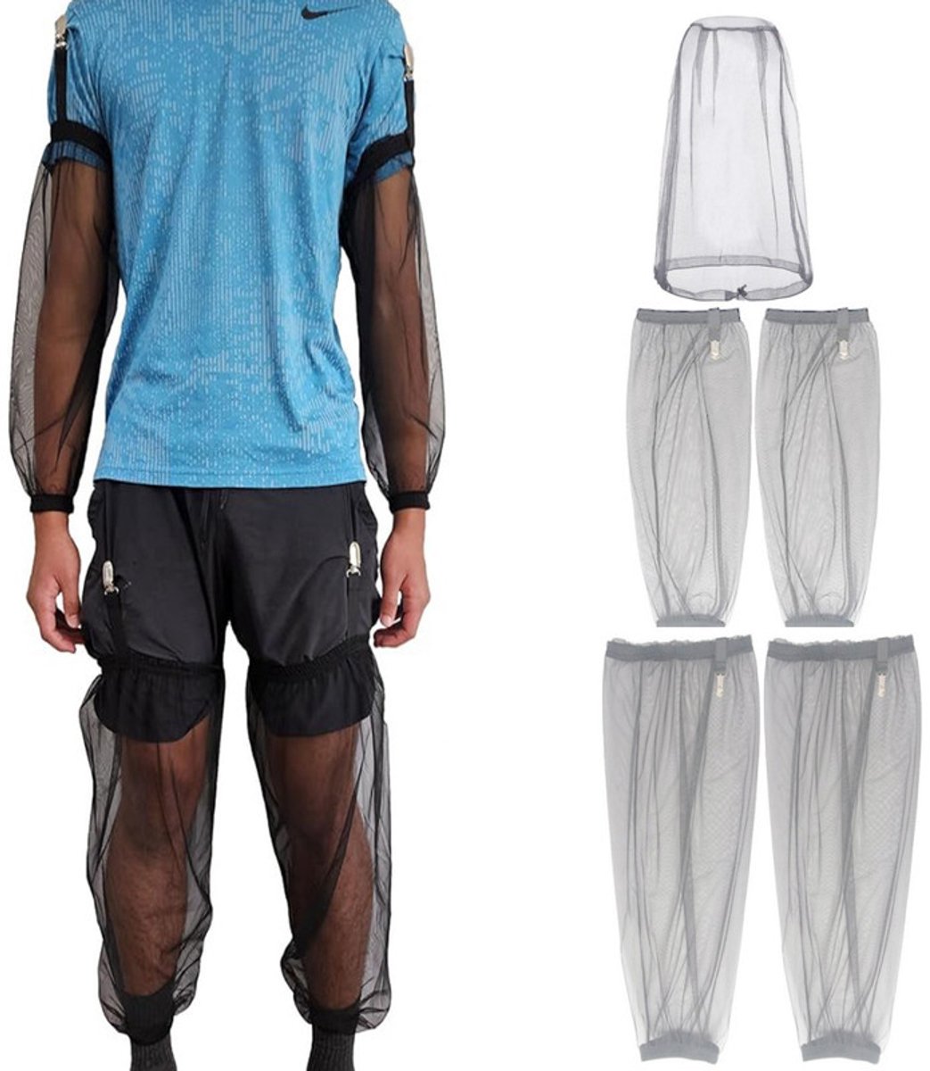 5-delige klamboeset – 1 hoofdnet + 2 armhoezen + 2 beenhoezen – Fijnmazig – Anti-muggenset voor buiten in de zomer – armhoezen – Beenhoezen voor kamperen en sporten – Anti-muggenhoed voor tuinieren en vissen – Geschikt voor kamperen, vissen en meer
