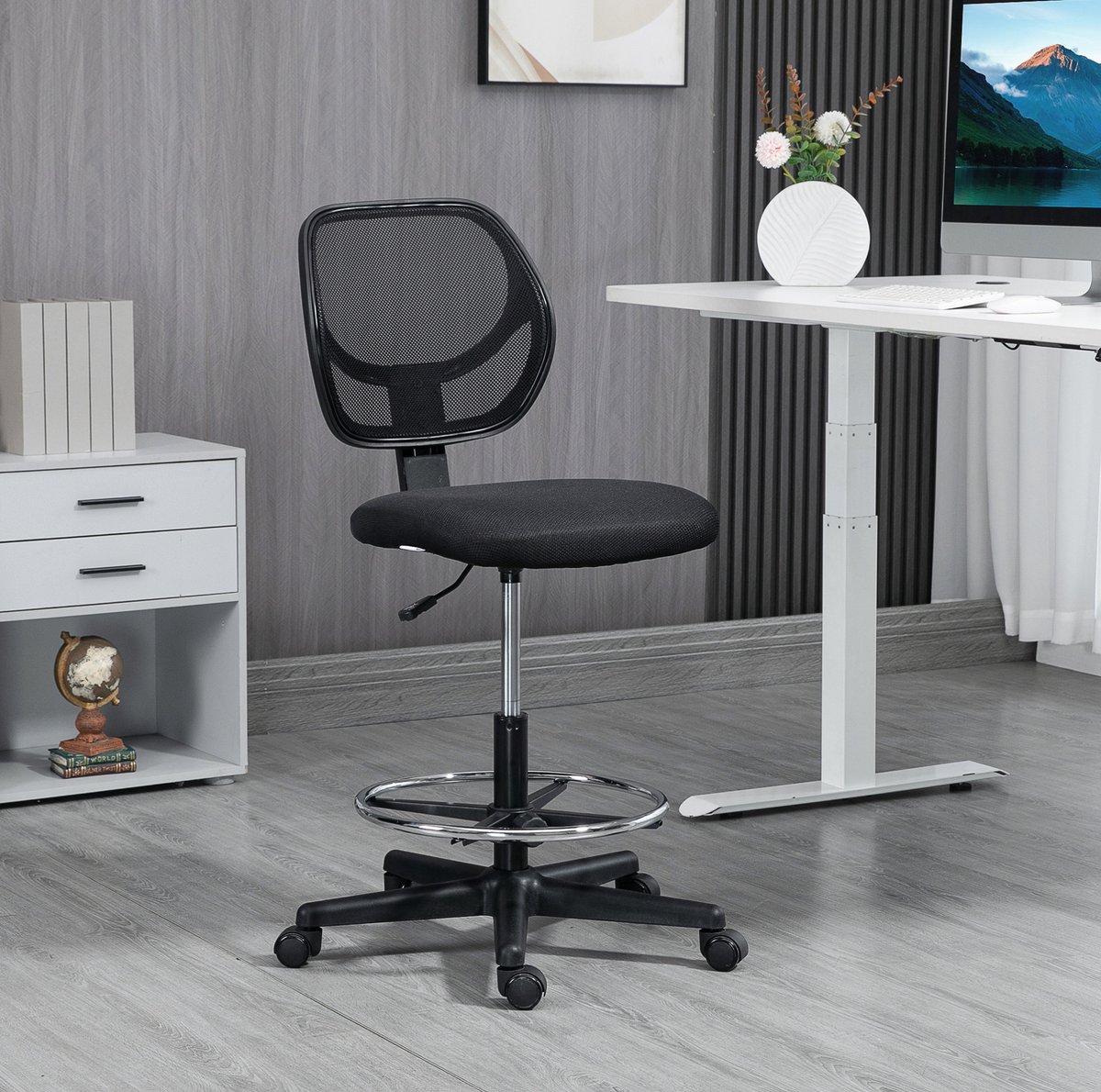 STILVORA Bureaustoel 59 x 61 x 93-113 cm - Hoogteverstelbaar En 360 Graden Draaibaar Met Voetring - Voor Kantoor En Sta Bureau - Mesh - Zwart