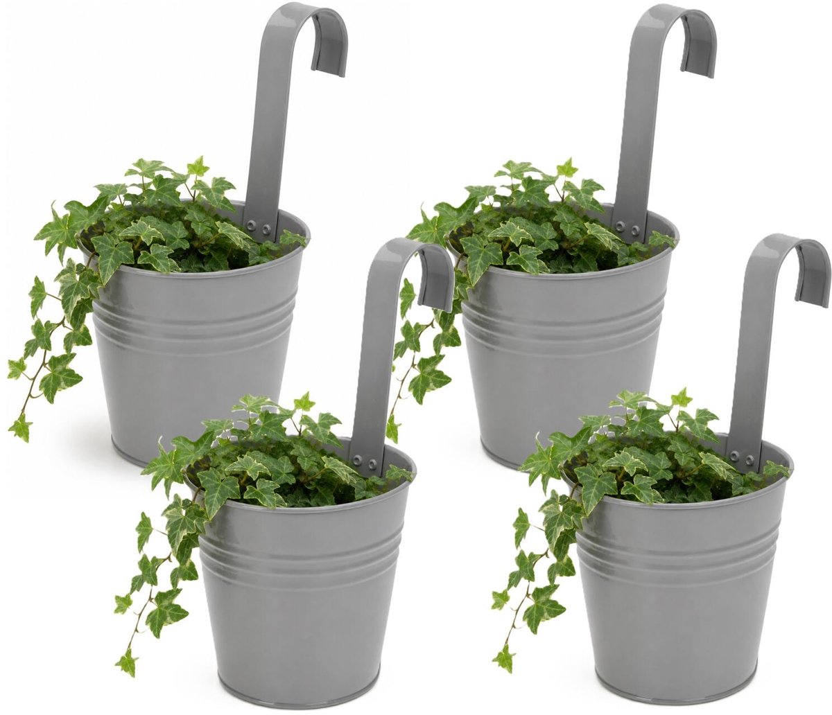 Progarden Bloempotje met haak - 4x - plantenbak zink met ophanghaak - grijs - 20 x 13 x 26 cm - ophangbaar- Balkon/schutting plantenpot