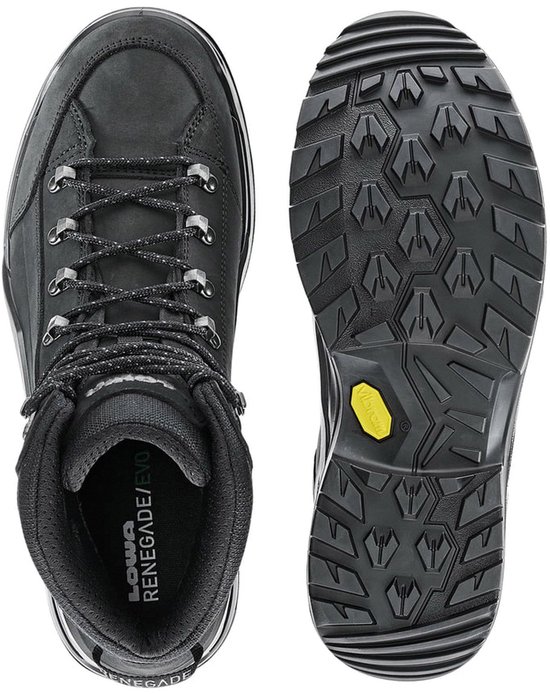 Een zwarte Lowa Renegade EVO GTX wandelschoen en de losse profielzool.