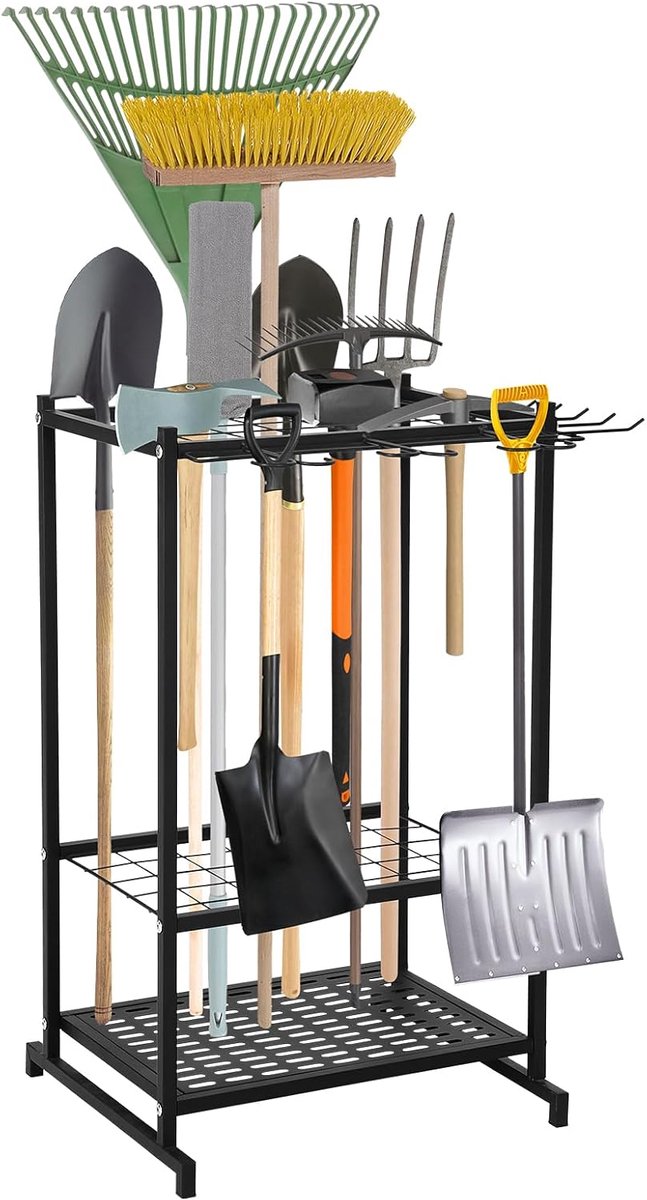 Vrijstaand tuingereedschaprek 3-laags 43x39x76 cm | Opbergrek voor lange tuingereedschappen met sleuven, ruimtebesparend voor garage & tuinhuis