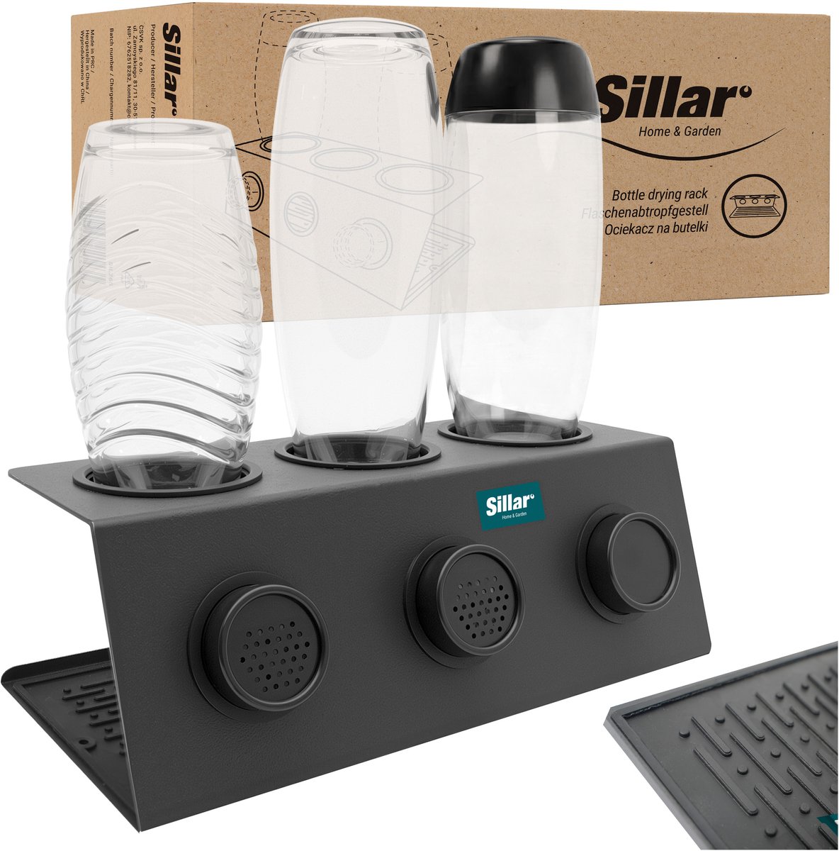 Sillar Flessen Droogrek - Flessenhouder - Druiprekje Voor 3 flessen - Zwart Mat Staal - Set met druipmatje, antislip voetjes en stabiliserende ringen