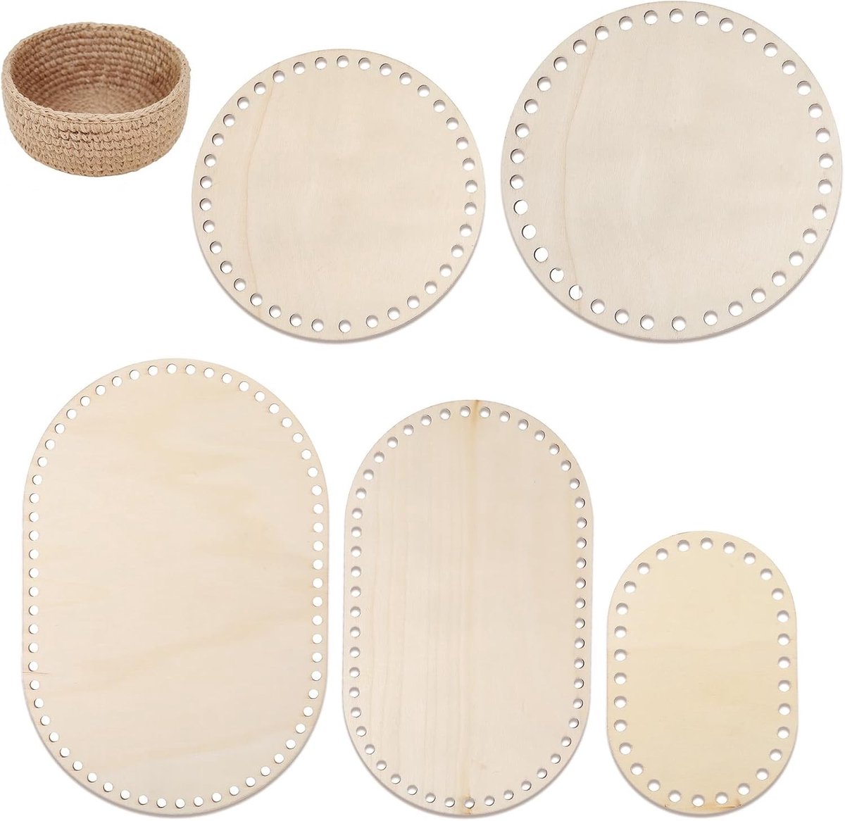 5 stuks mandbodems voor haken, houten bodems voor gehaakte tassen, DIY manden en kunsthandwerk accessoires, ovaal en rond