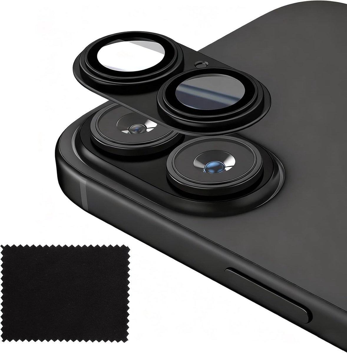 Camera Bescherming voor iPhone 17 met Schoonmaakdoek, 9H Gehard Glas, Aluminium Legering, Hoge Resolutie, Krasbestendig en Vingerafdrukbestendig, Zwart
