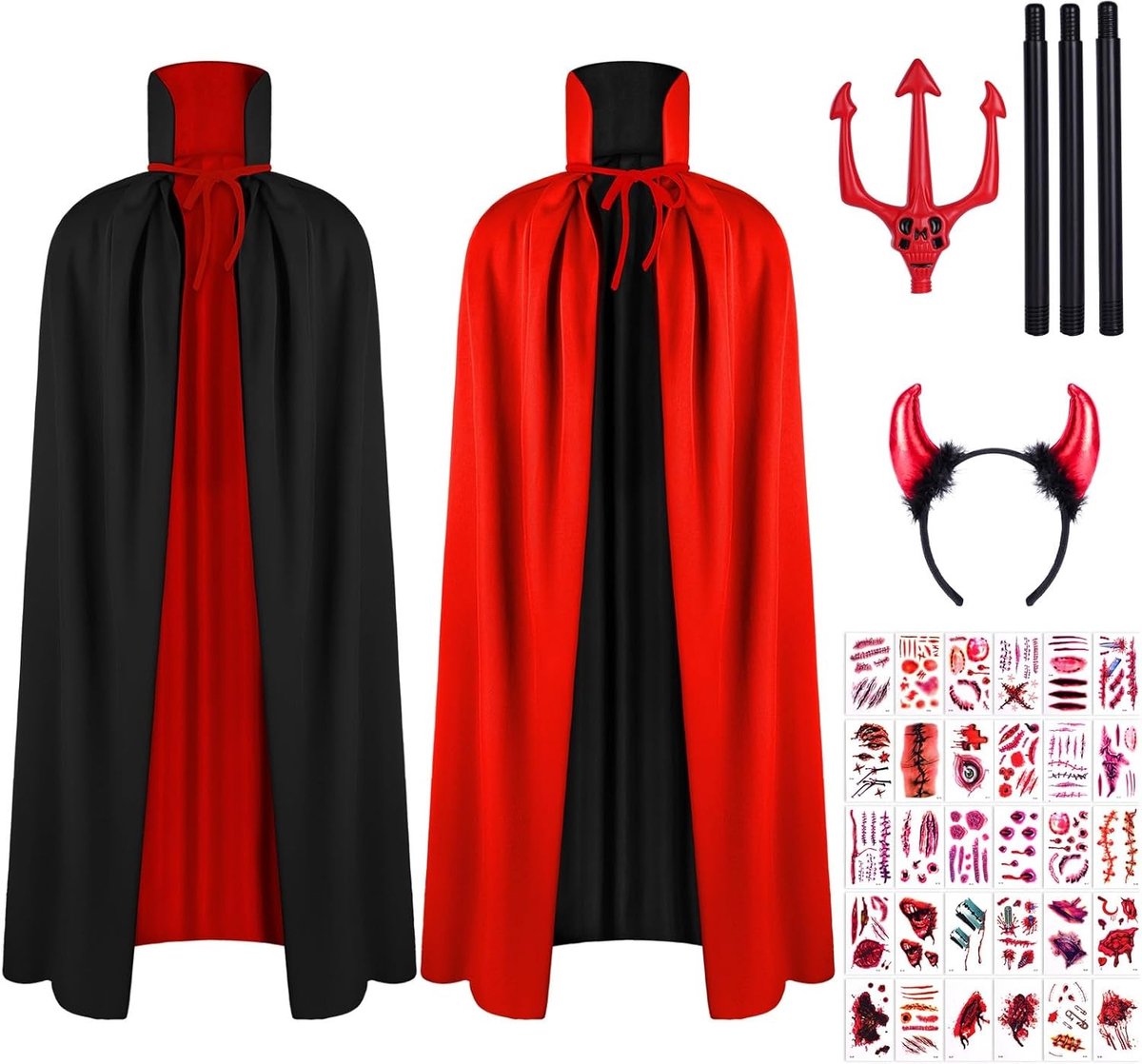 Zwarte en Rode Cape met Kap, Dubbelzijdig met Vampiertanden voor Halloween, Carnaval en Feestdagen, 150 cm, 90 cm